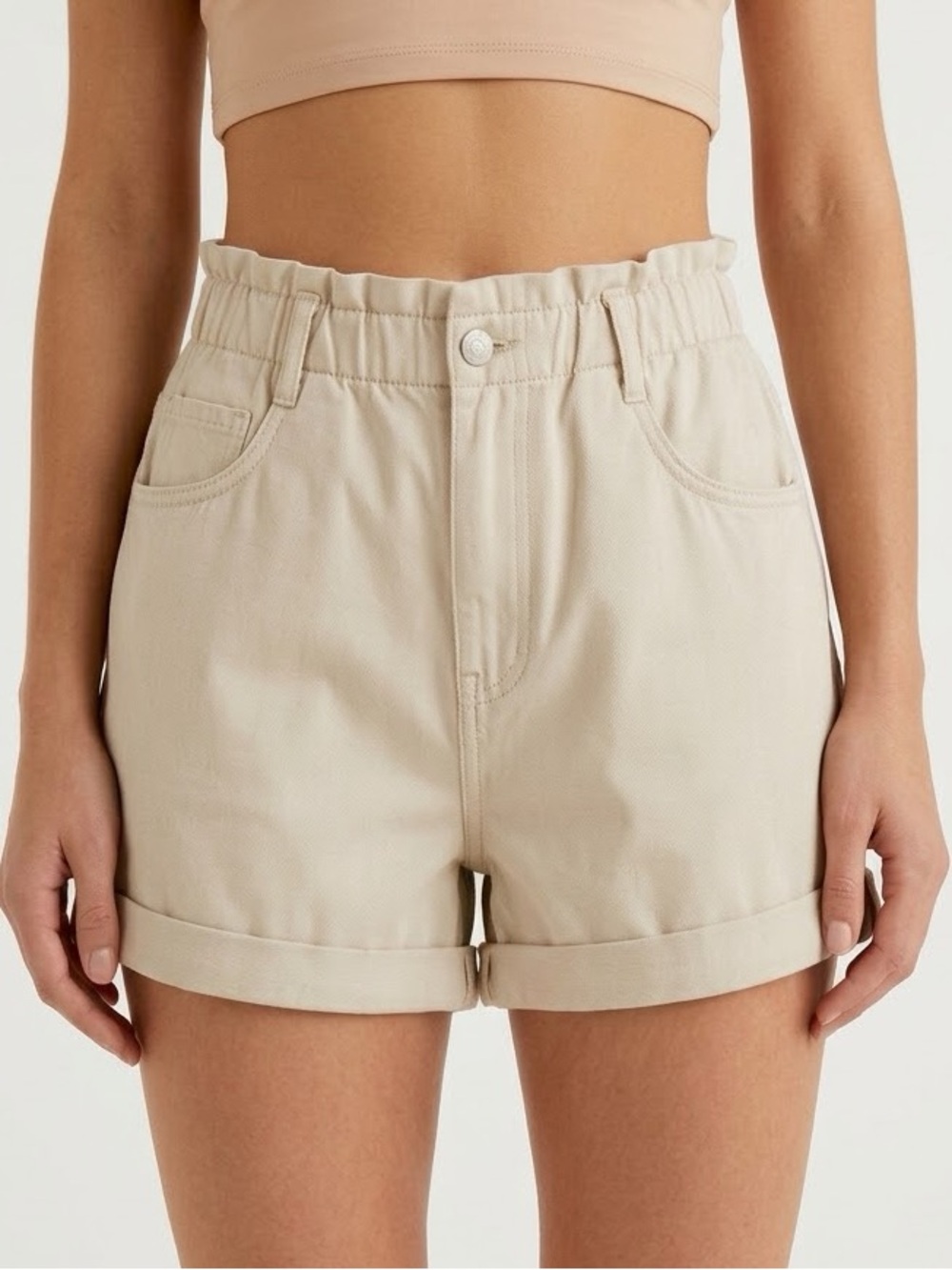 H&M Cotton High Rise Pull On Utility Shorts Beige‎ Khaki Women’s Medium